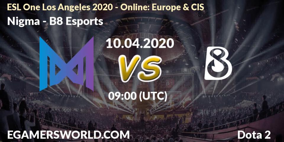 Nigma - B8 Esports: прогноз. 10.04.2020 at 09:00, Dota 2, ESL One Los Angeles 2020 - Online: Europe & CIS