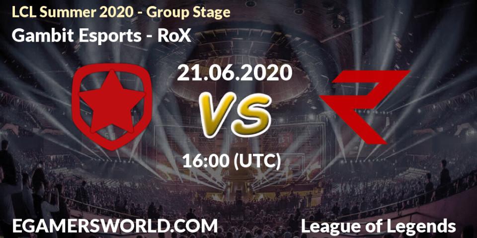 Gambit Esports - RoX: прогноз. 21.06.2020 at 16:00, LoL, LCL Summer 2020 - Group Stage