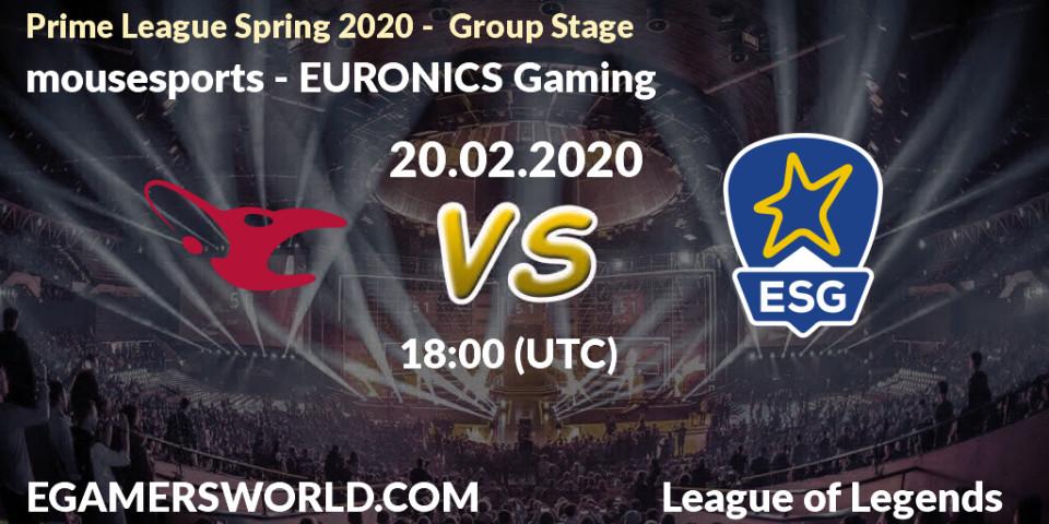 mousesports - EURONICS Gaming: прогноз. 20.02.20, LoL, Prime League Spring 2020 - Group Stage