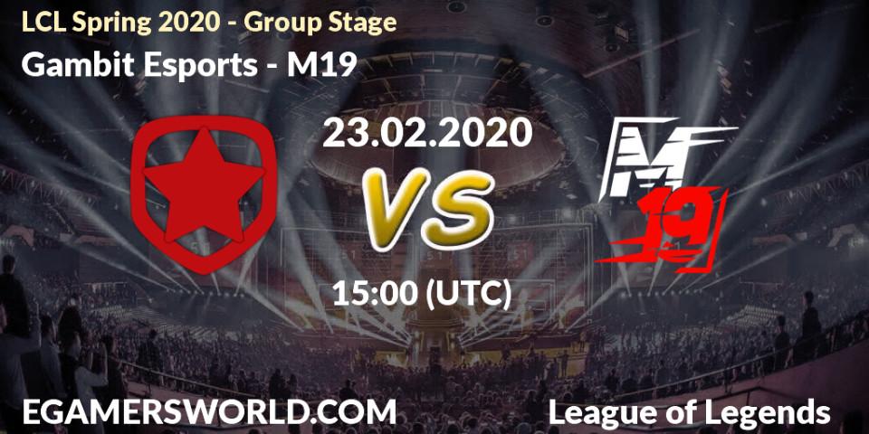 Gambit Esports - M19: прогноз. 23.02.2020 at 15:20, LoL, LCL Spring 2020 - Group Stage
