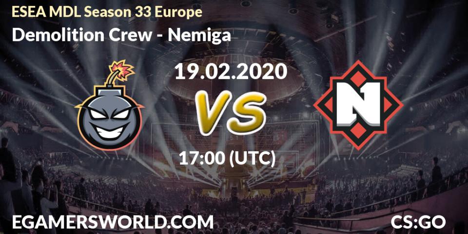Demolition Crew - Nemiga: прогноз. 19.02.2020 at 17:00, Counter-Strike (CS2), ESEA MDL Season 33 Europe
