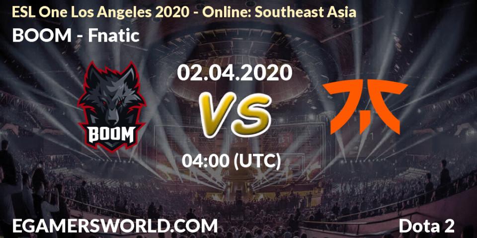 BOOM - Fnatic: прогноз. 02.04.2020 at 04:02, Dota 2, ESL One Los Angeles 2020 - Online: Southeast Asia