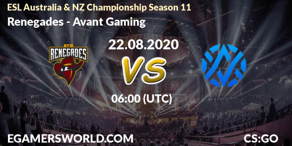 Renegades - Avant Gaming: прогноз. 22.08.2020 at 06:20, Counter-Strike (CS2), ESL Australia & NZ Championship Season 11