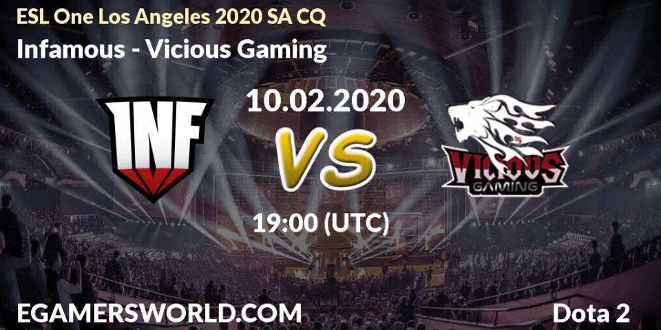 Infamous - Vicious Gaming: прогноз. 10.02.2020 at 19:51, Dota 2, ESL One Los Angeles 2020 SA CQ