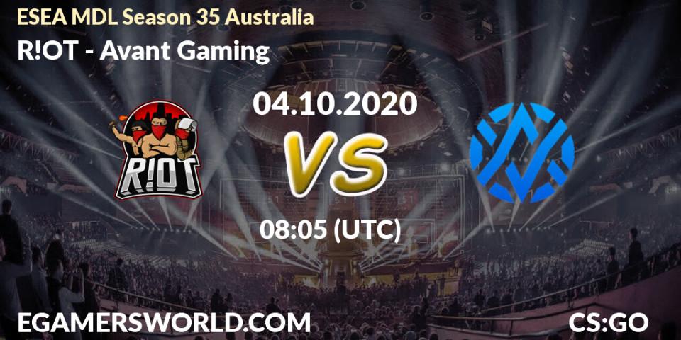 R!OT - Avant Gaming: прогноз. 04.10.2020 at 08:05, Counter-Strike (CS2), ESEA MDL Season 35 Australia