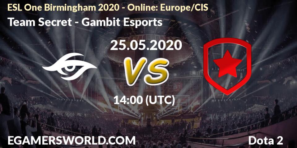 Team Secret - Gambit Esports: прогноз. 25.05.20, Dota 2, ESL One Birmingham 2020 - Online: Europe/CIS