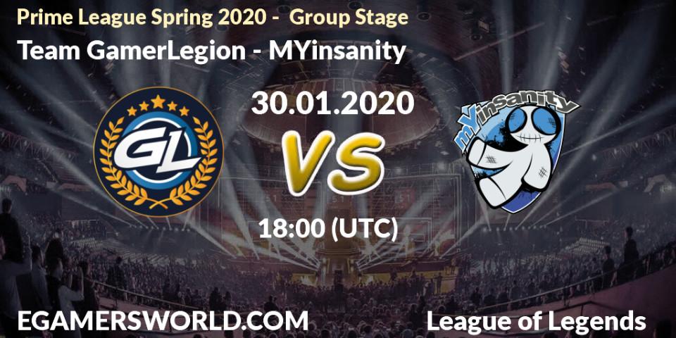 Team GamerLegion - MYinsanity: прогноз. 30.01.2020 at 18:00, LoL, Prime League Spring 2020 - Group Stage