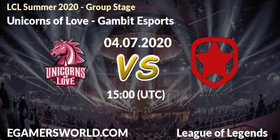 Unicorns of Love - Gambit Esports: прогноз. 04.07.2020 at 15:00, LoL, LCL Summer 2020 - Group Stage