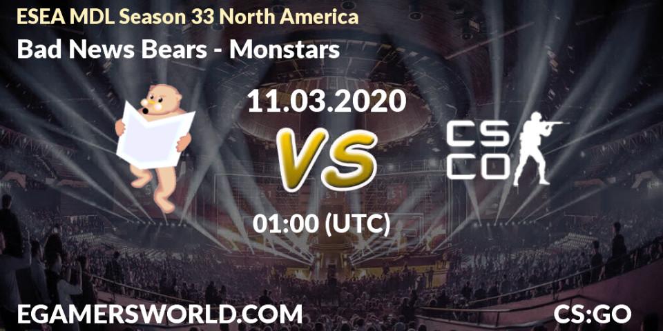 Bad News Bears - Monstars: прогноз. 11.03.20, CS2 (CS:GO), ESEA MDL Season 33 North America