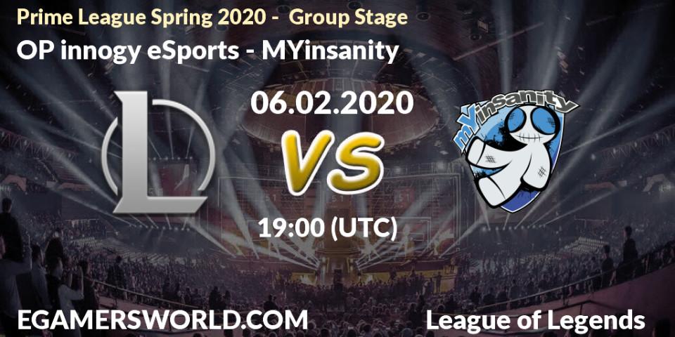 OP innogy eSports - MYinsanity: прогноз. 06.02.2020 at 18:00, LoL, Prime League Spring 2020 - Group Stage