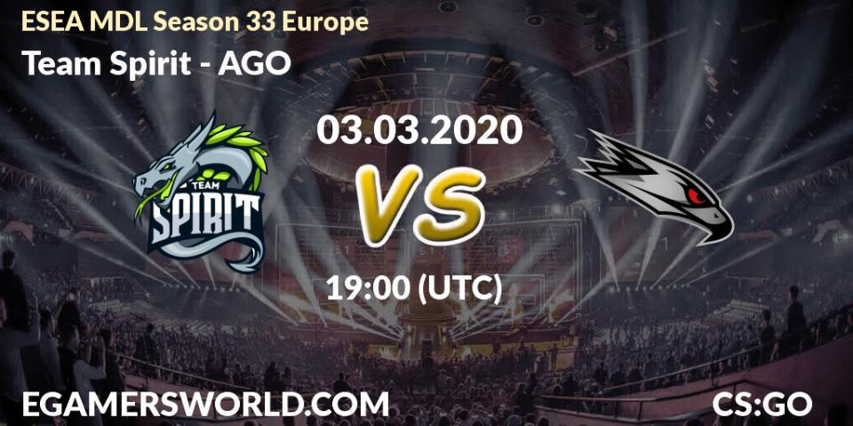 Team Spirit - AGO: прогноз. 03.03.2020 at 19:00, Counter-Strike (CS2), ESEA MDL Season 33 Europe