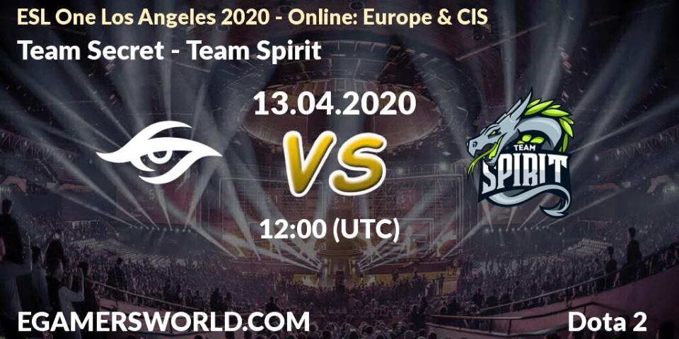 Team Secret - Team Spirit: прогноз. 13.04.2020 at 12:50, Dota 2, ESL One Los Angeles 2020 - Online: Europe & CIS
