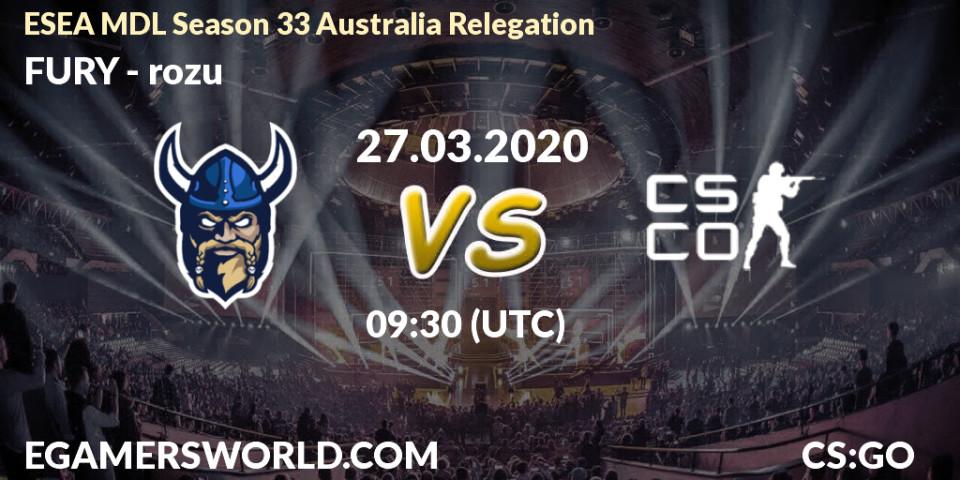 FURY - rozu: прогноз. 27.03.2020 at 09:35, Counter-Strike (CS2), ESEA MDL Season 33 Australia Relegation