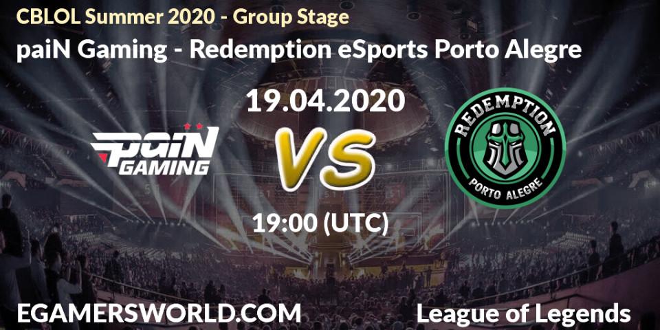 paiN Gaming - Redemption eSports Porto Alegre: прогноз. 19.04.2020 at 19:10, LoL, CBLOL Summer 2020 - Group Stage