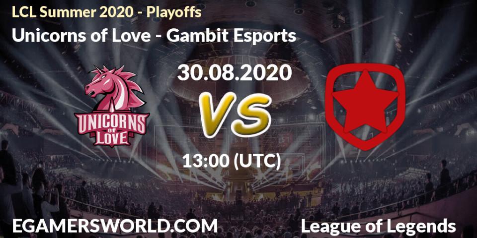 Unicorns of Love - Gambit Esports: прогноз. 30.08.2020 at 14:41, LoL, LCL Summer 2020 - Playoffs