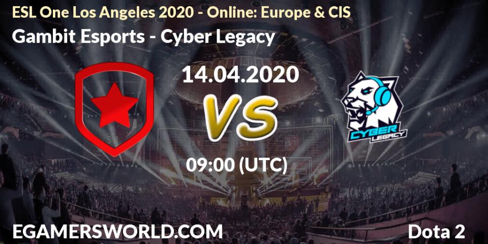 Gambit Esports - Cyber Legacy: прогноз. 14.04.2020 at 09:00, Dota 2, ESL One Los Angeles 2020 - Online: Europe & CIS