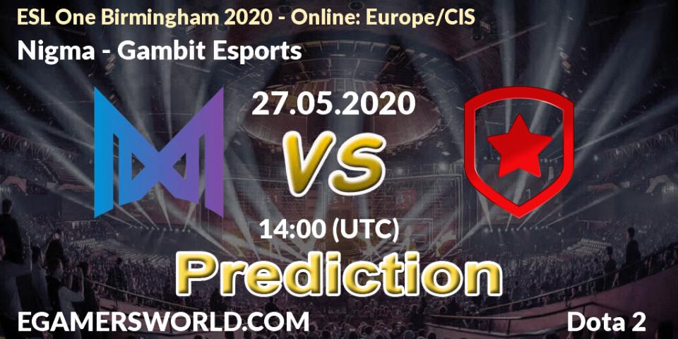 Nigma - Gambit Esports: прогноз. 27.05.20, Dota 2, ESL One Birmingham 2020 - Online: Europe/CIS