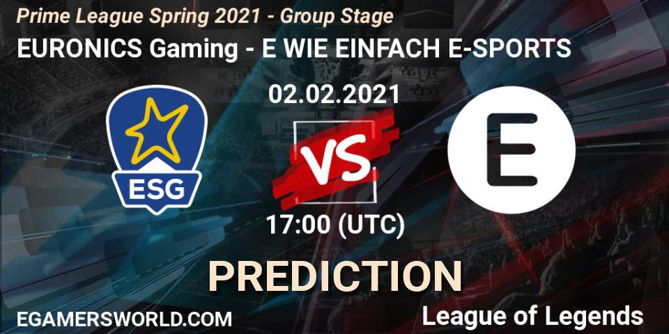 EURONICS Gaming - E WIE EINFACH E-SPORTS: прогноз. 02.02.2021 at 18:00, LoL, Prime League Spring 2021 - Group Stage