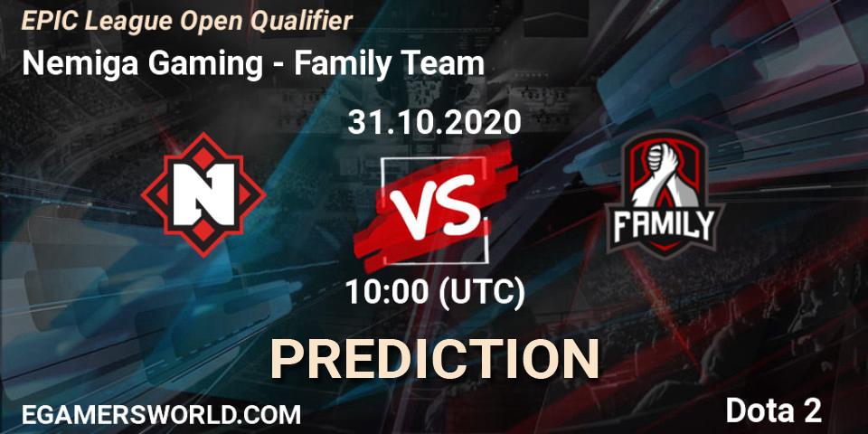 Nemiga Gaming - Family Team: прогноз. 31.10.2020 at 10:20, Dota 2, EPIC League Open Qualifier
