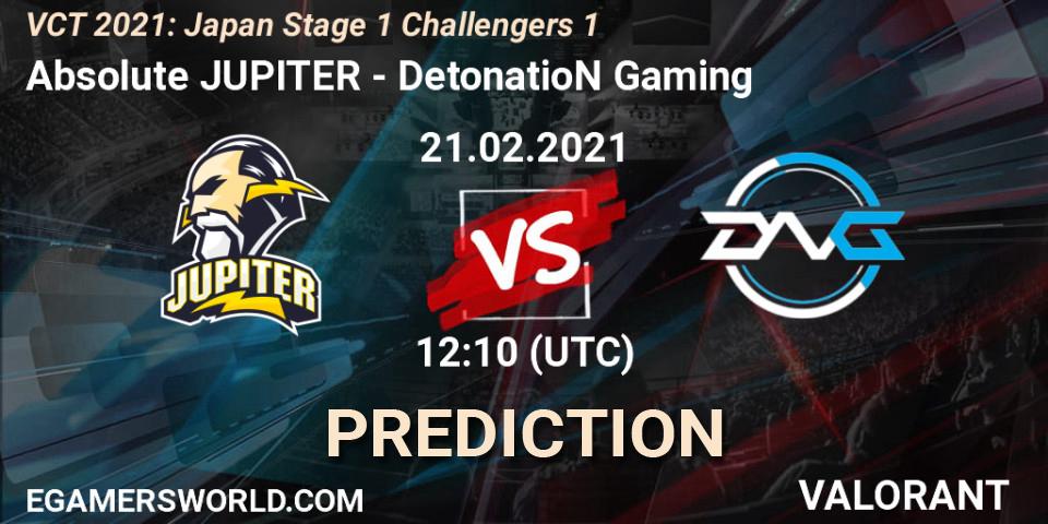 Absolute JUPITER - DetonatioN Gaming: прогноз. 21.02.2021 at 13:20, VALORANT, VCT 2021: Japan Stage 1 Challengers 1