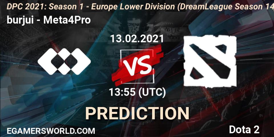 burjui - Meta4Pro: прогноз. 13.02.2021 at 13:56, Dota 2, DPC 2021: Season 1 - Europe Lower Division (DreamLeague Season 14)
