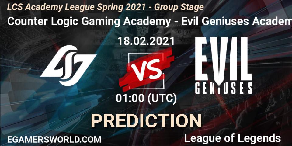 Counter Logic Gaming Academy - Evil Geniuses Academy: прогноз. 18.02.2021 at 01:00, LoL, LCS Academy League Spring 2021 - Group Stage