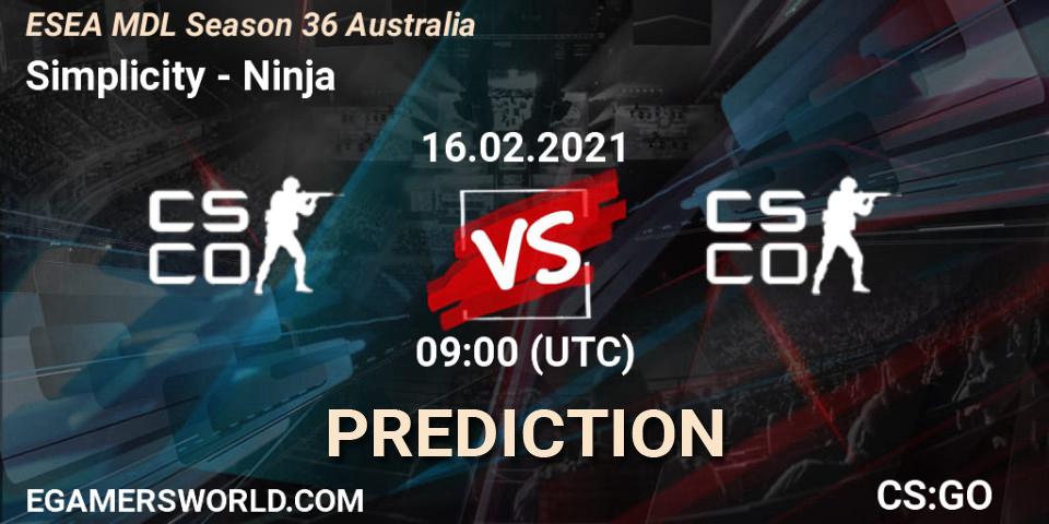 Simplicity - Ninja: прогноз. 16.02.2021 at 09:00, Counter-Strike (CS2), MDL ESEA Season 36: Australia - Premier Division