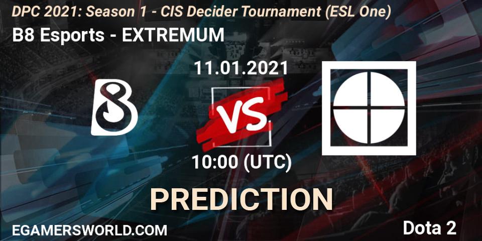 B8 Esports - EXTREMUM: прогноз. 11.01.2021 at 10:00, Dota 2, DPC 2021: Season 1 - CIS Decider Tournament (ESL One)