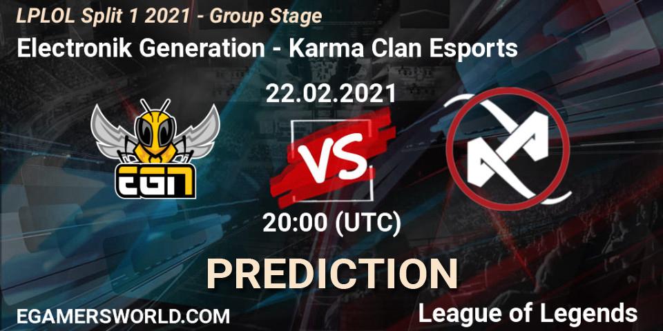 Electronik Generation - Karma Clan Esports: прогноз. 22.02.2021 at 20:00, LoL, LPLOL Split 1 2021 - Group Stage