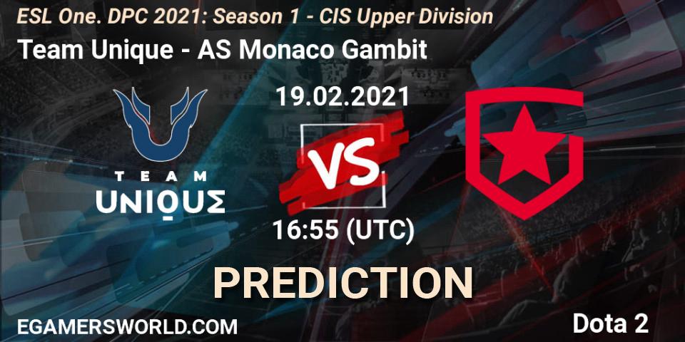Team Unique - AS Monaco Gambit: прогноз. 19.02.2021 at 16:55, Dota 2, ESL One. DPC 2021: Season 1 - CIS Upper Division