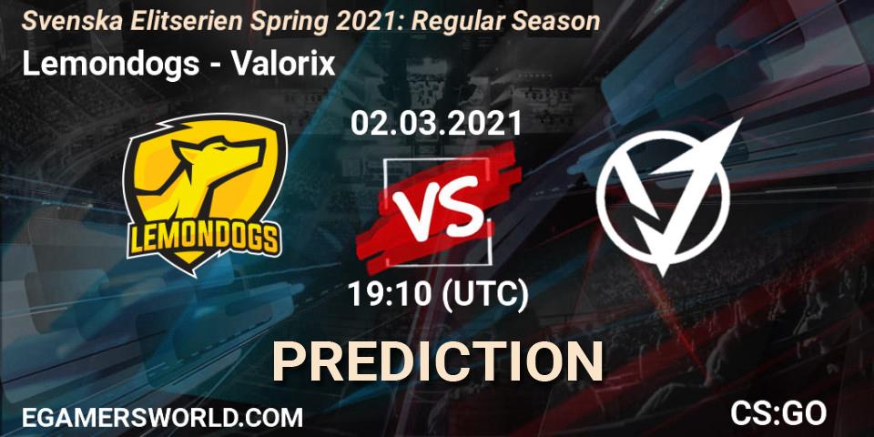 Lemondogs - Valorix: прогноз. 02.03.2021 at 19:10, Counter-Strike (CS2), Svenska Elitserien Spring 2021: Regular Season