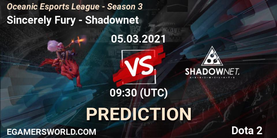 Sincerely Fury - Shadownet: прогноз. 05.03.2021 at 09:30, Dota 2, Oceanic Esports League - Season 3