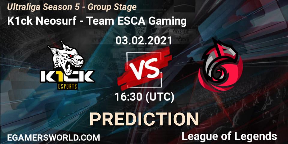 K1ck Neosurf - Team ESCA Gaming: прогноз. 03.02.21, LoL, Ultraliga Season 5 - Group Stage