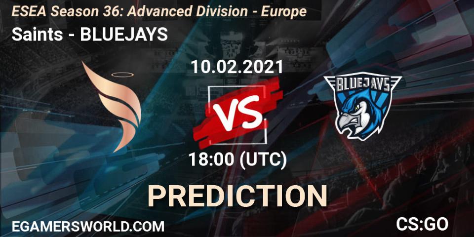 Saints - BLUEJAYS: прогноз. 10.02.2021 at 18:00, Counter-Strike (CS2), ESEA Season 36: Europe - Advanced Division