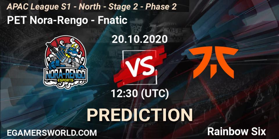 PET Nora-Rengo - Fnatic: прогноз. 20.10.2020 at 12:30, Rainbow Six, APAC League S1 - North - Stage 2 - Phase 2