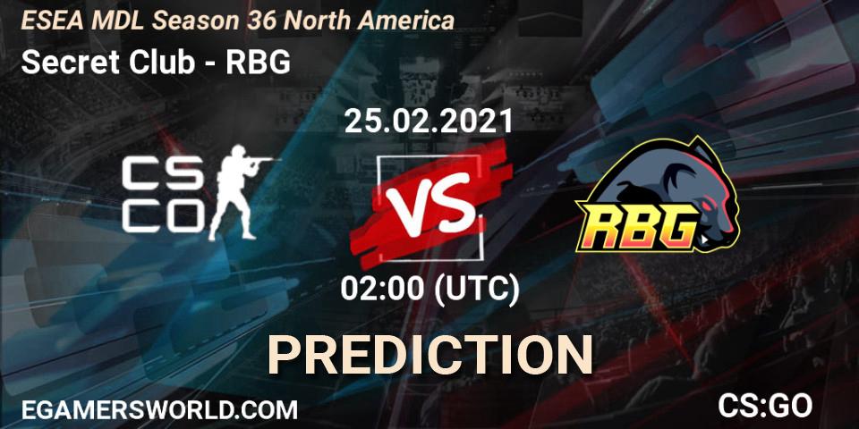 Secret Club - RBG: прогноз. 25.02.2021 at 02:00, Counter-Strike (CS2), MDL ESEA Season 36: North America - Premier Division