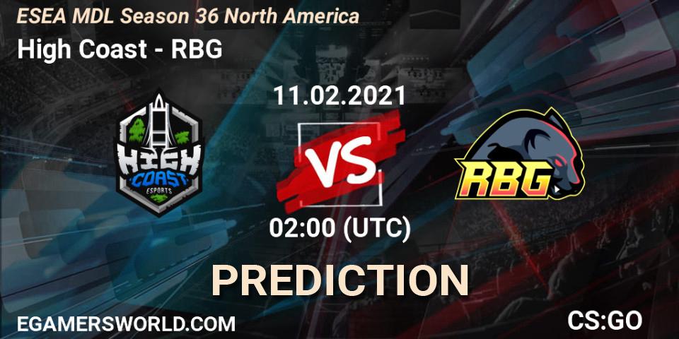 High Coast - RBG: прогноз. 11.02.2021 at 02:00, Counter-Strike (CS2), MDL ESEA Season 36: North America - Premier Division