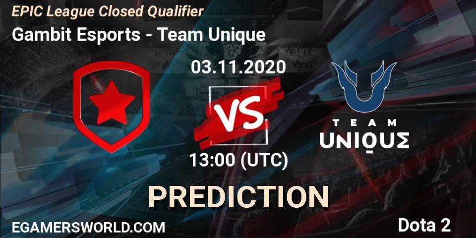 Gambit Esports - Team Unique: прогноз. 03.11.2020 at 15:00, Dota 2, EPIC League Closed Qualifier