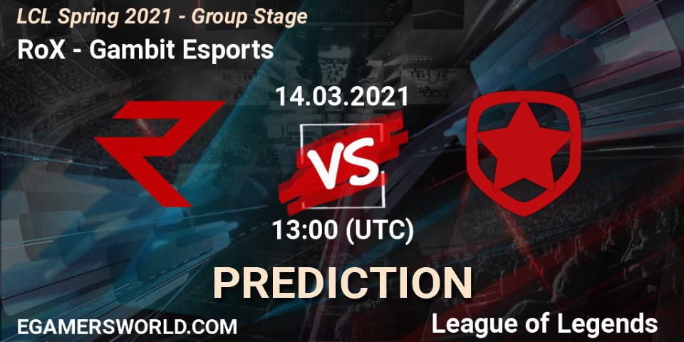 RoX - Gambit Esports: прогноз. 14.03.2021 at 13:00, LoL, LCL Spring 2021 - Group Stage