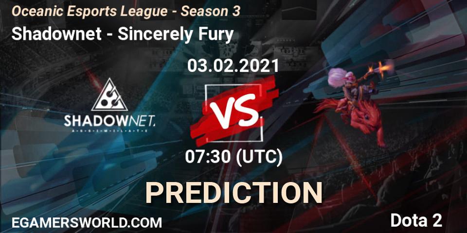 Shadownet - Sincerely Fury: прогноз. 03.02.2021 at 09:14, Dota 2, Oceanic Esports League - Season 3