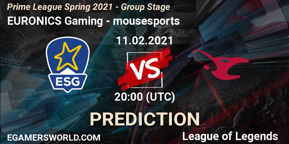 EURONICS Gaming - mousesports: прогноз. 11.02.2021 at 20:00, LoL, Prime League Spring 2021 - Group Stage