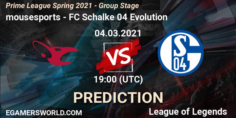 mousesports - FC Schalke 04 Evolution: прогноз. 04.03.2021 at 18:45, LoL, Prime League Spring 2021 - Group Stage