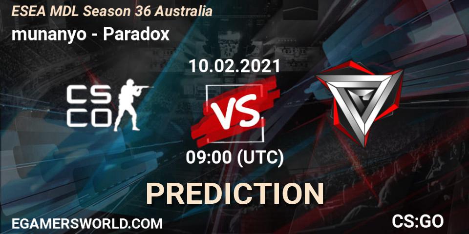 munanyo - Paradox: прогноз. 10.02.2021 at 09:00, Counter-Strike (CS2), MDL ESEA Season 36: Australia - Premier Division