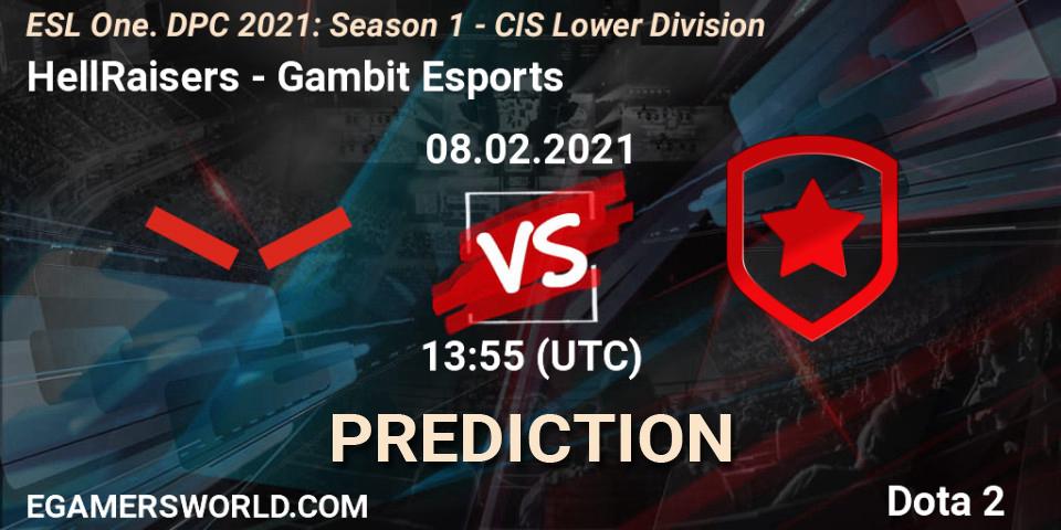 HellRaisers - Gambit Esports: прогноз. 08.02.2021 at 13:55, Dota 2, ESL One. DPC 2021: Season 1 - CIS Lower Division