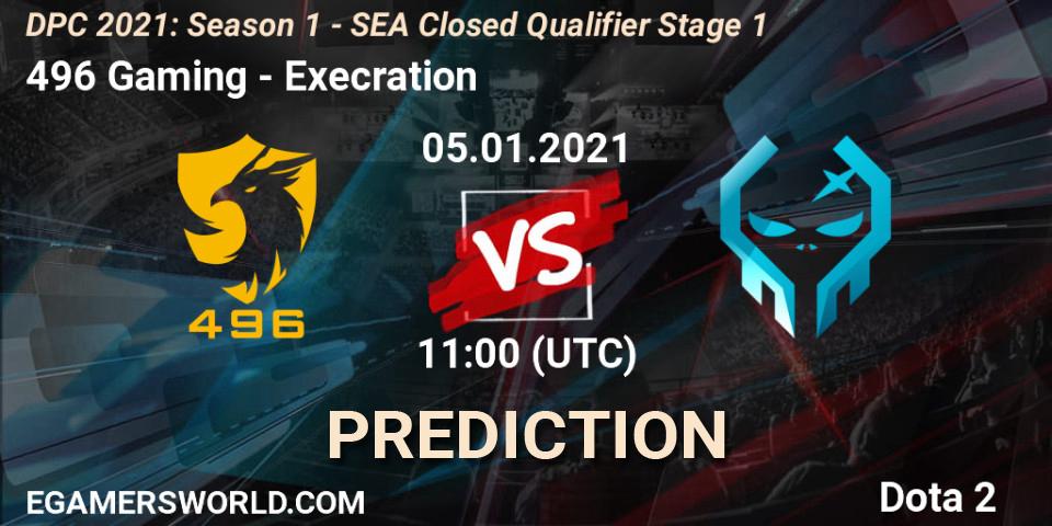 496 Gaming - Execration: прогноз. 05.01.2021 at 09:37, Dota 2, DPC 2021: Season 1 - SEA Closed Qualifier Stage 1