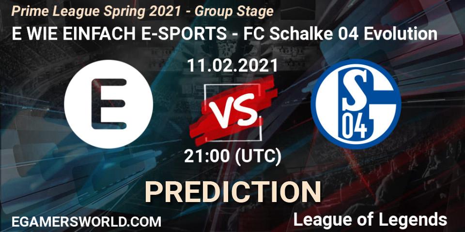E WIE EINFACH E-SPORTS - FC Schalke 04 Evolution: прогноз. 11.02.2021 at 22:00, LoL, Prime League Spring 2021 - Group Stage