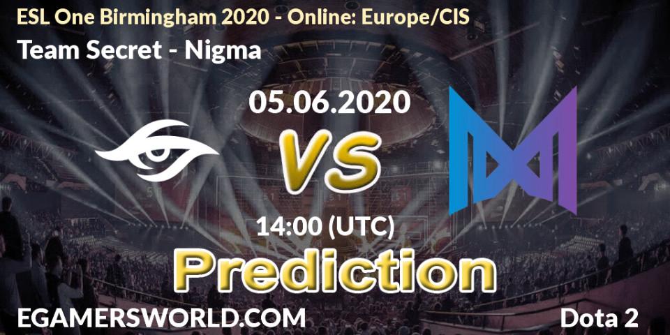 Team Secret - Nigma: прогноз. 05.06.2020 at 14:42, Dota 2, ESL One Birmingham 2020 - Online: Europe/CIS