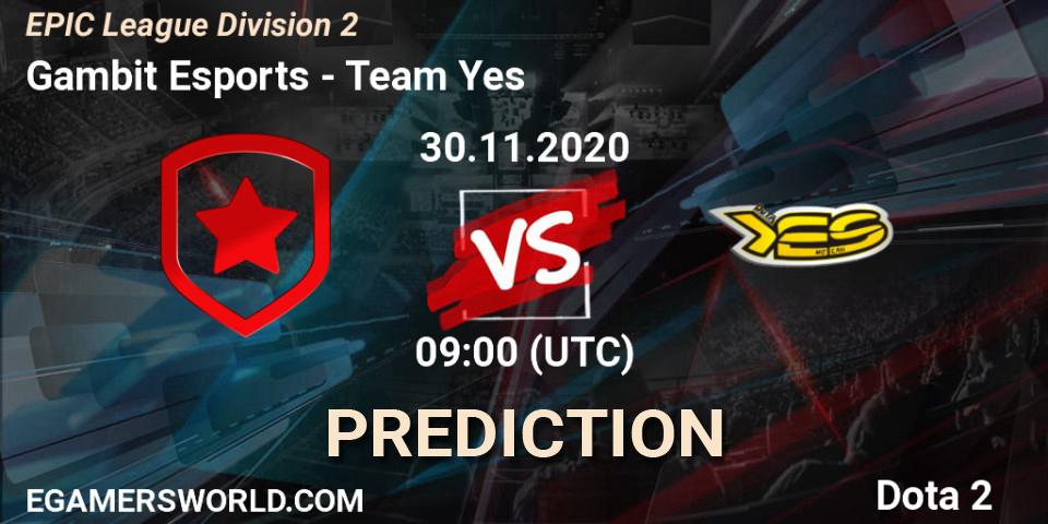 Gambit Esports - Team Yes: прогноз. 30.11.20, Dota 2, EPIC League Division 2