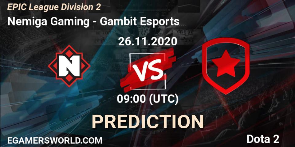 Nemiga Gaming - Gambit Esports: прогноз. 26.11.2020 at 09:00, Dota 2, EPIC League Division 2