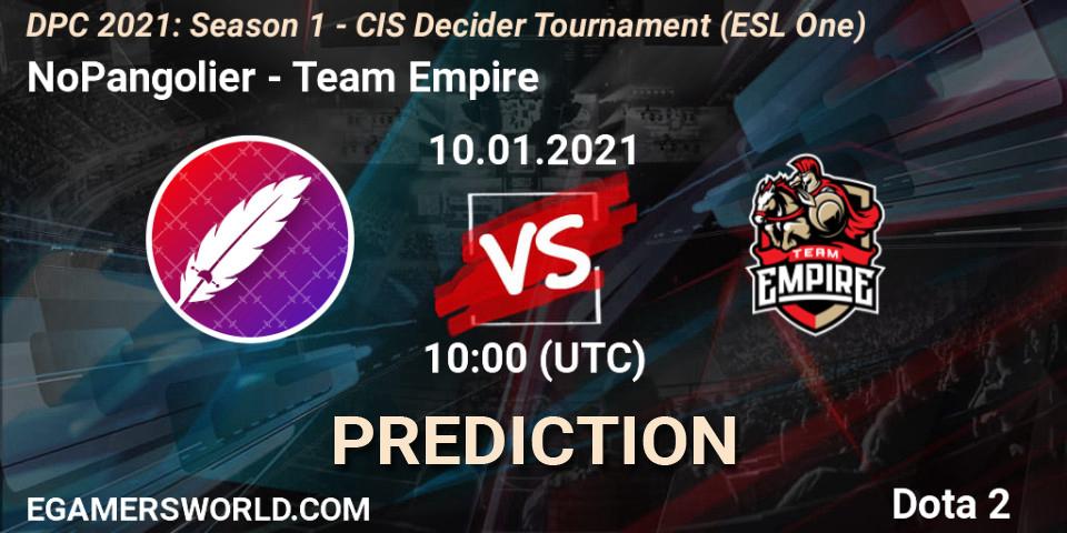 NoPangolier - Team Empire: прогноз. 10.01.2021 at 10:00, Dota 2, DPC 2021: Season 1 - CIS Decider Tournament (ESL One)